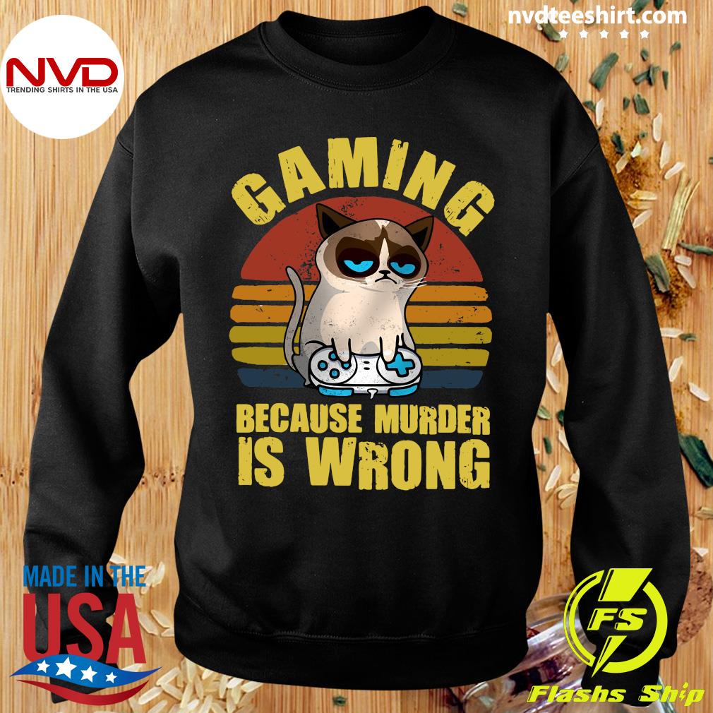 Funny Cat Gaming Because Murder Is Wrong Vintage Retro T-shirt -
