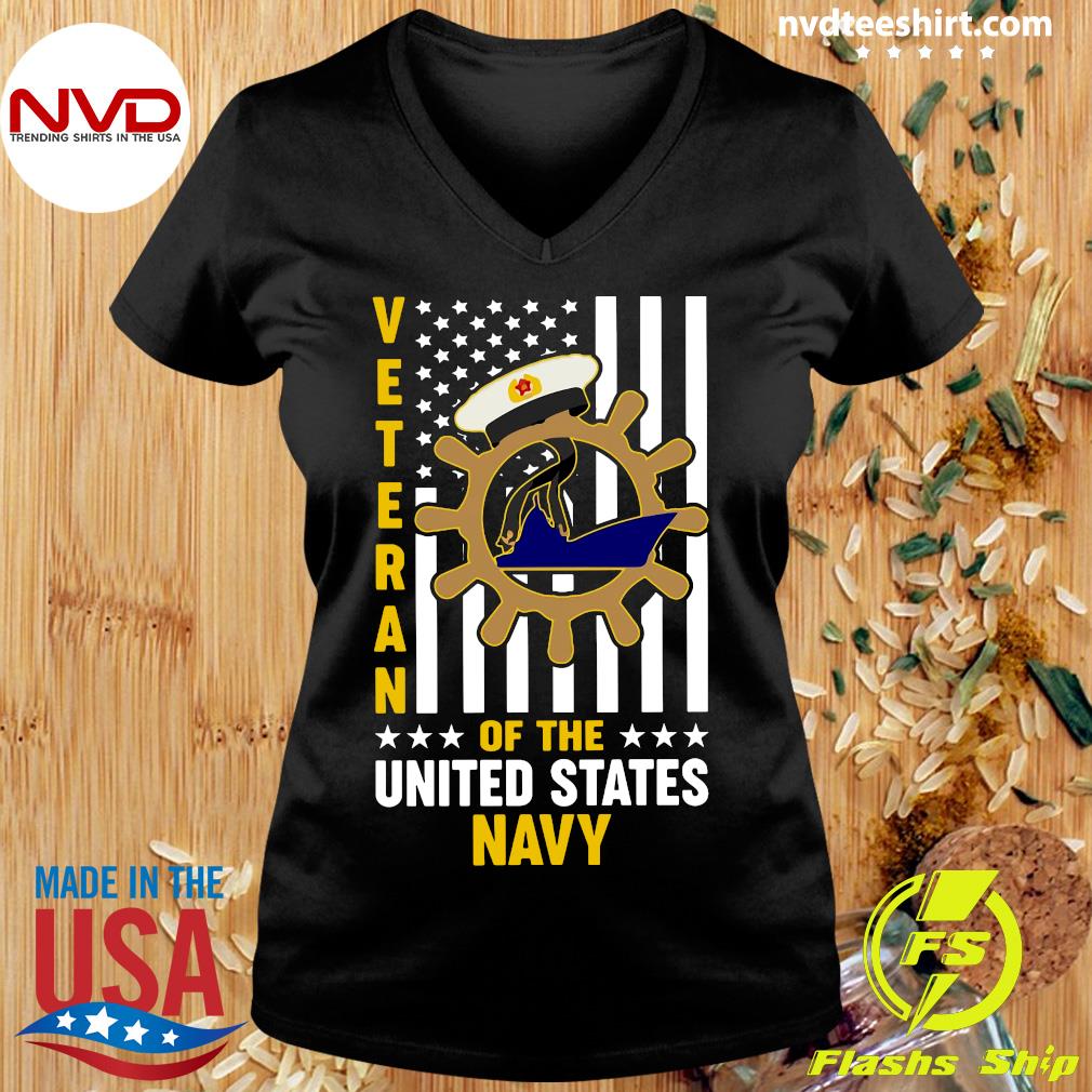 Ann Arbor T-Shirt Co. Navy Chest Print & U.S. Military Sleeve Flag | Naval Veteran Sailor Women's V-Neck Shirt