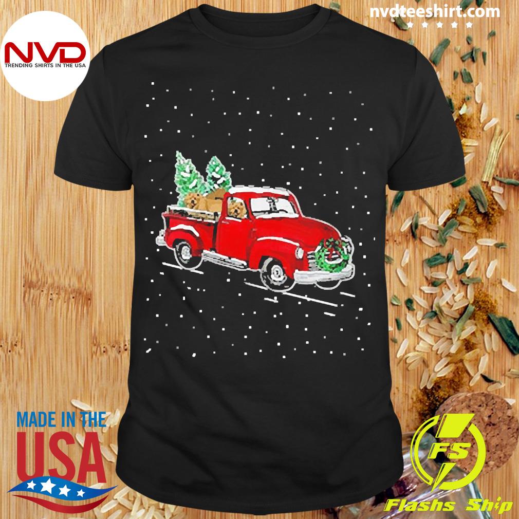 dog sweater with red truck and christmas tree