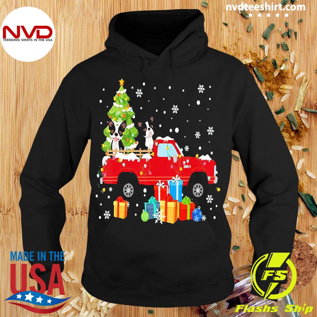 dog sweater with red truck and christmas tree