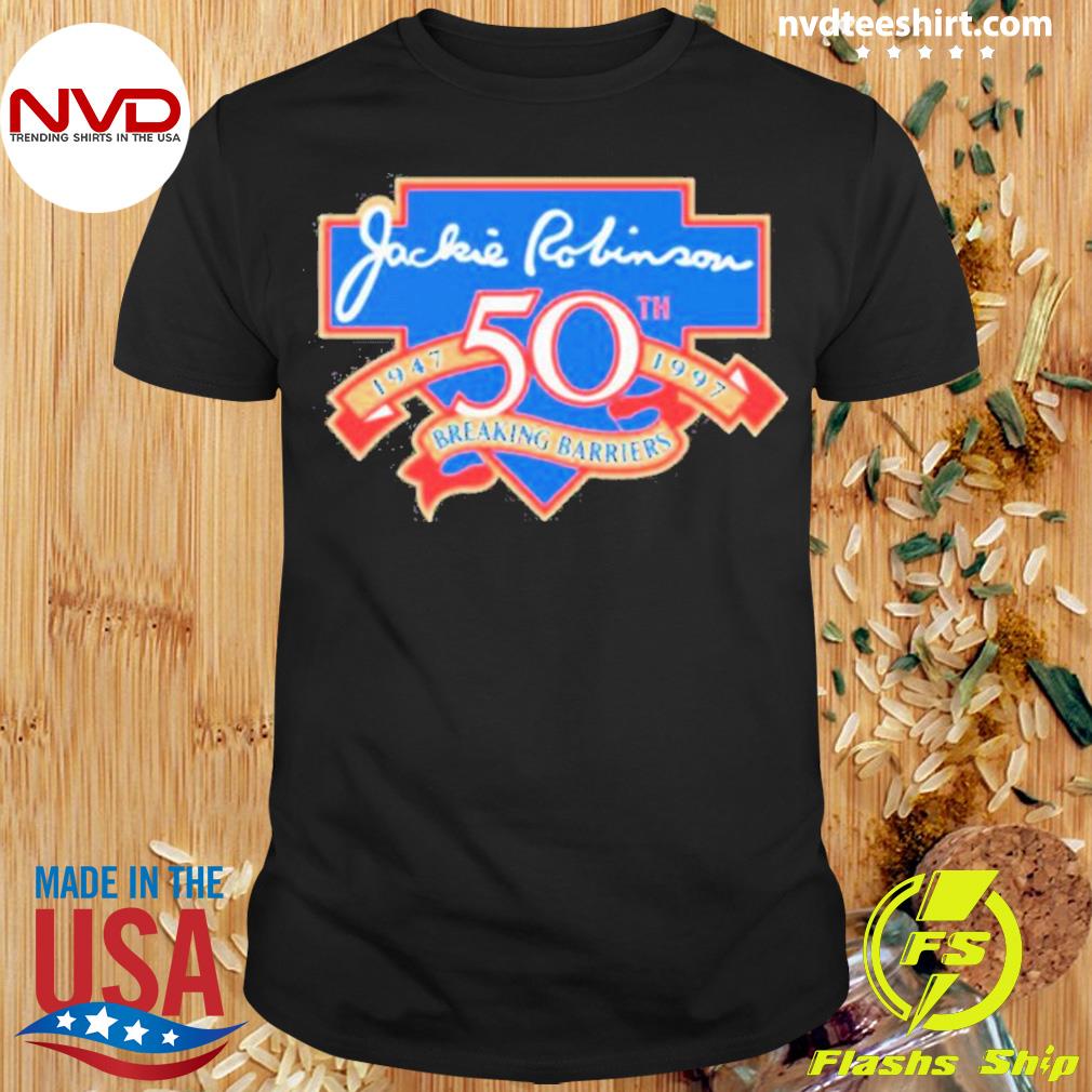Jackie Robinson 50th Anniversary Breaking Barriers logo shirt