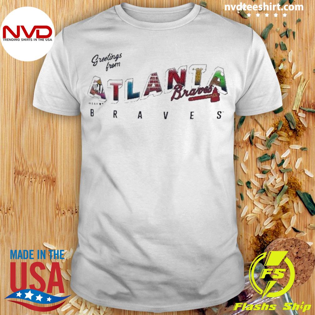 Women's WEAR by Erin Andrews White Atlanta Braves Greetings From T-Shirt 