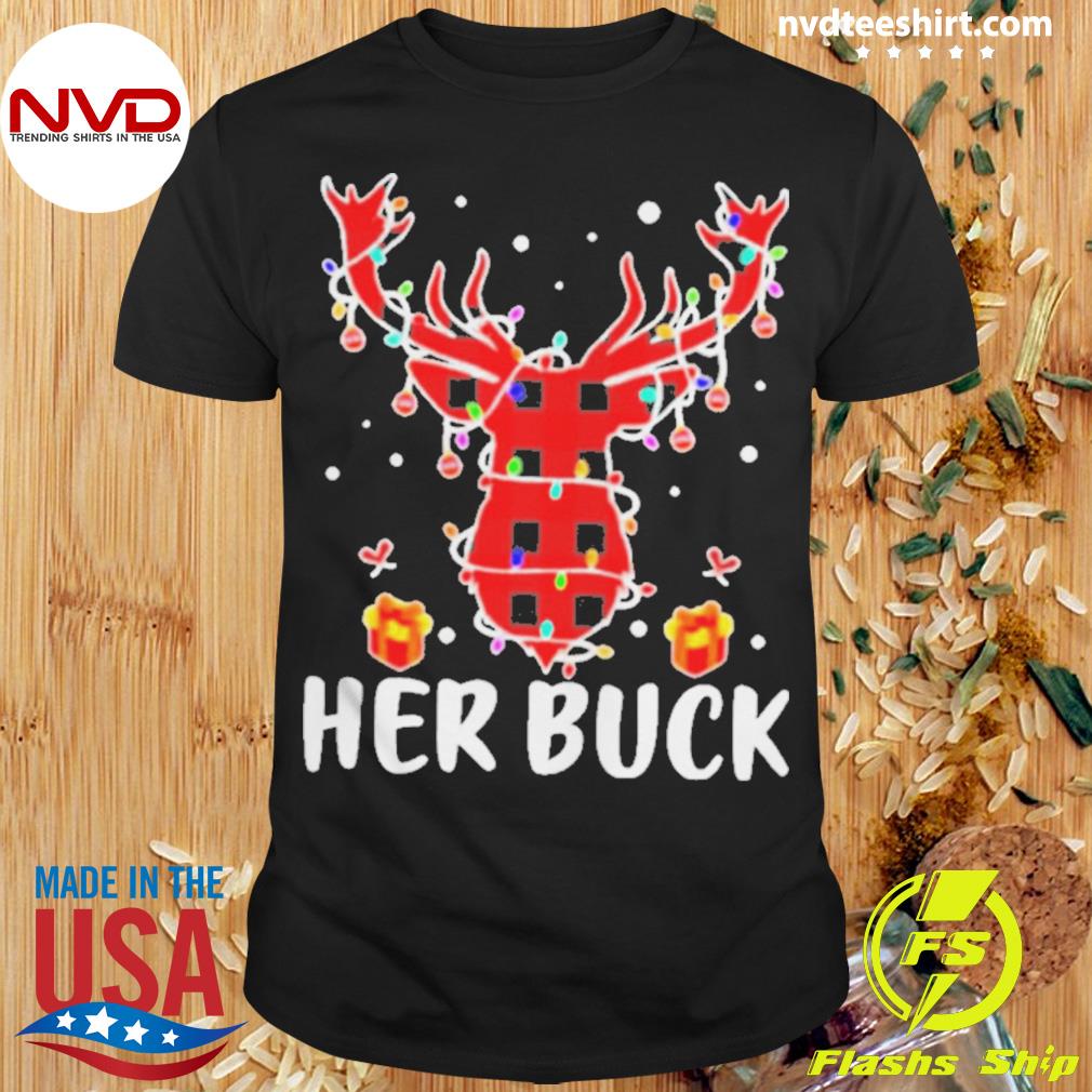 Her Buck His Doe Reindeer Xmas Pajamas Matching Couples Lights Christmas Shirt