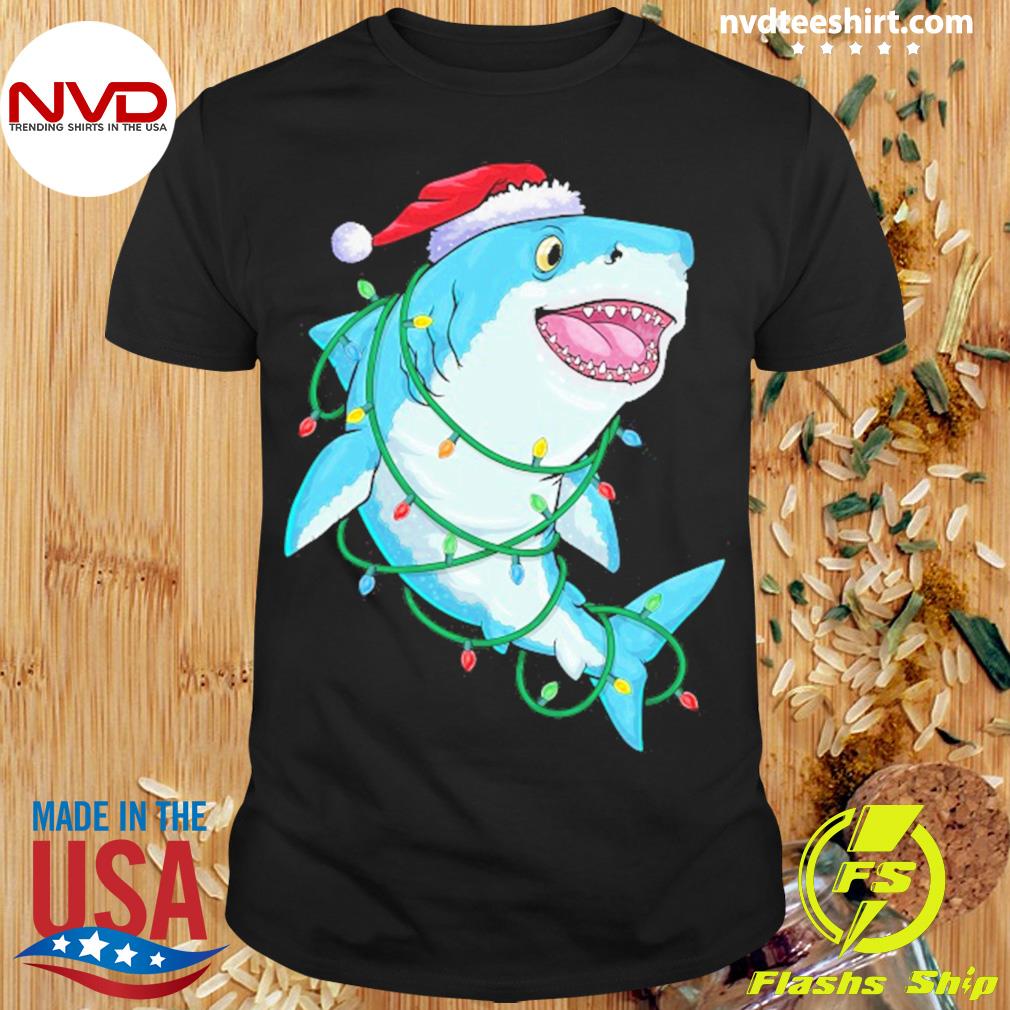 Santa Shark Christmas Lights Funny Boys Sharkmas Xmas Shirt