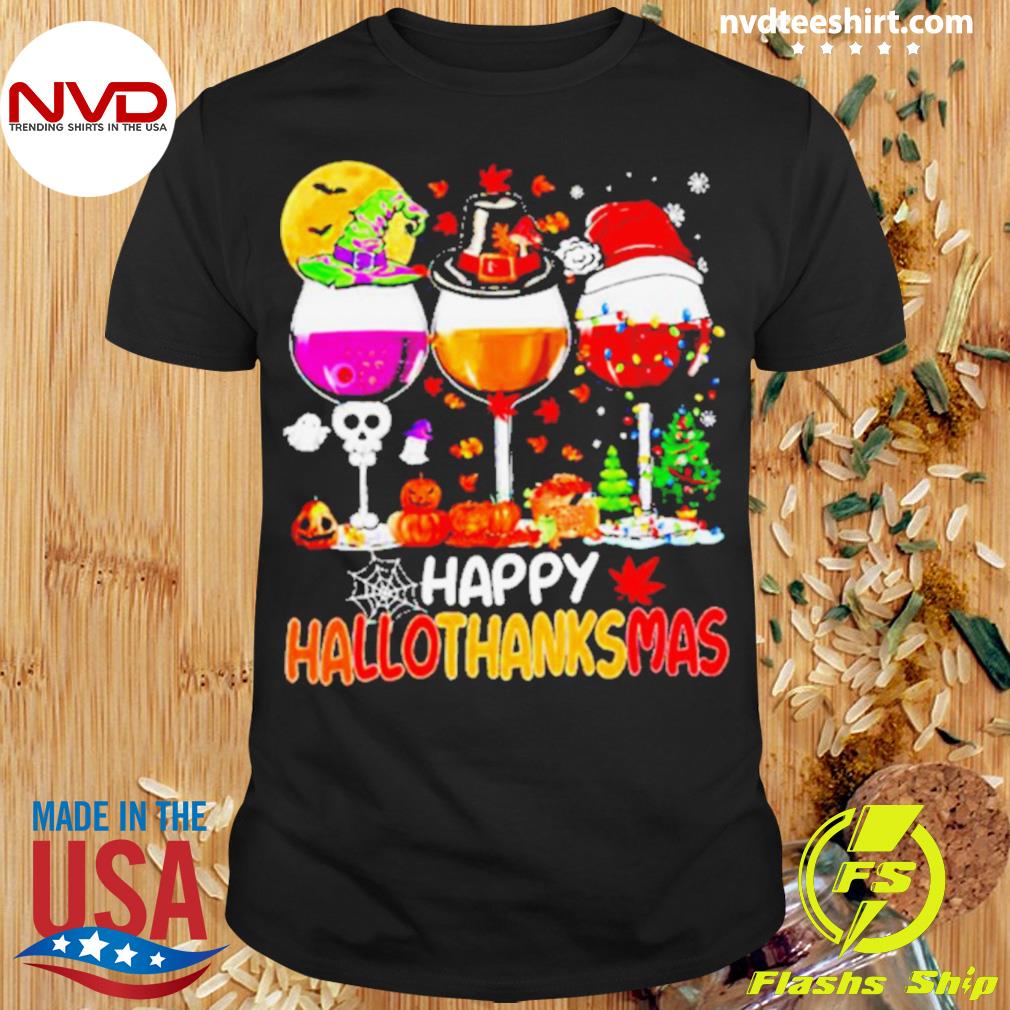 Wine Hat Santa Witch Happy Hallothanksmas 2022 Shirt
