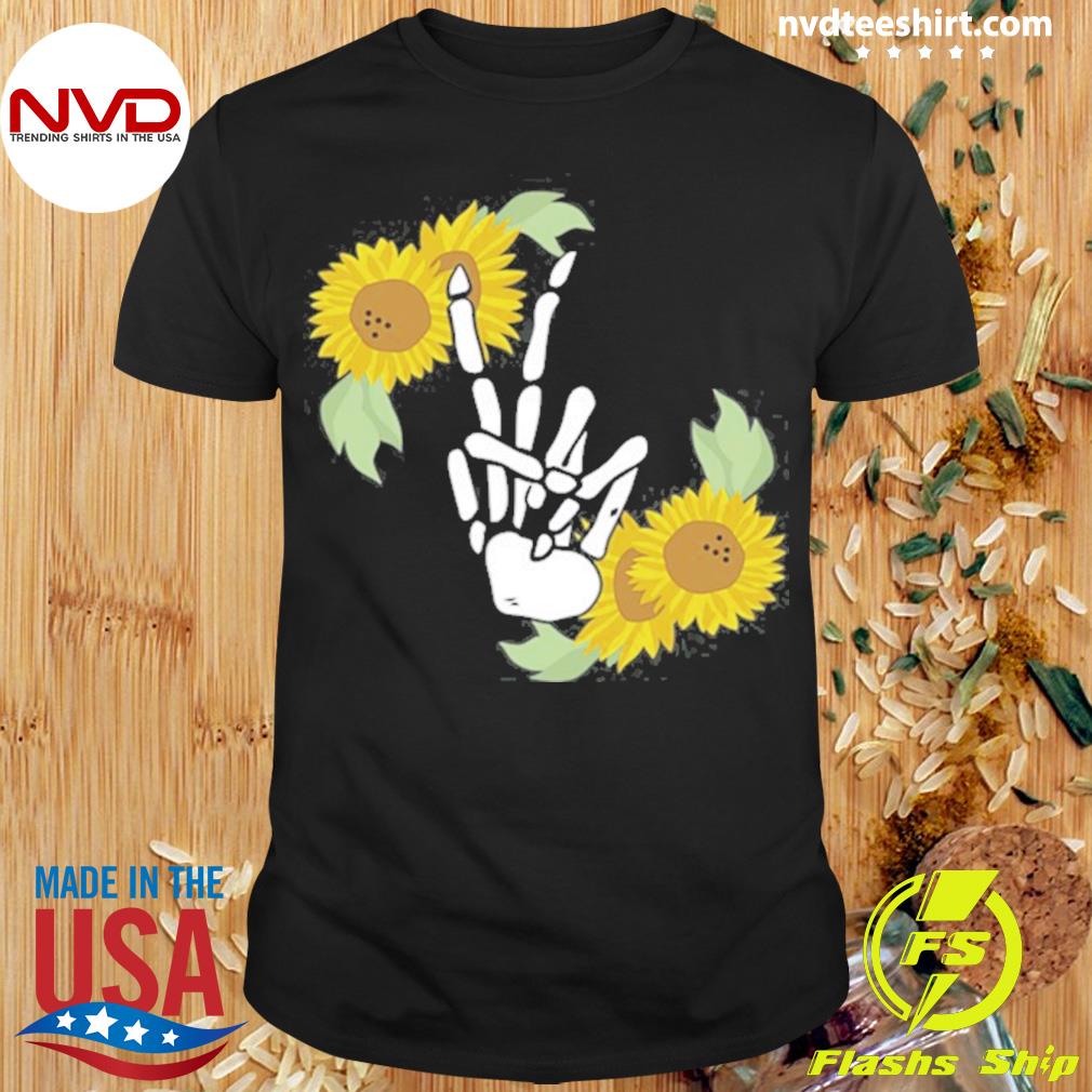 Skeleton Hand Peace Sign Bones Sunflower Shirt