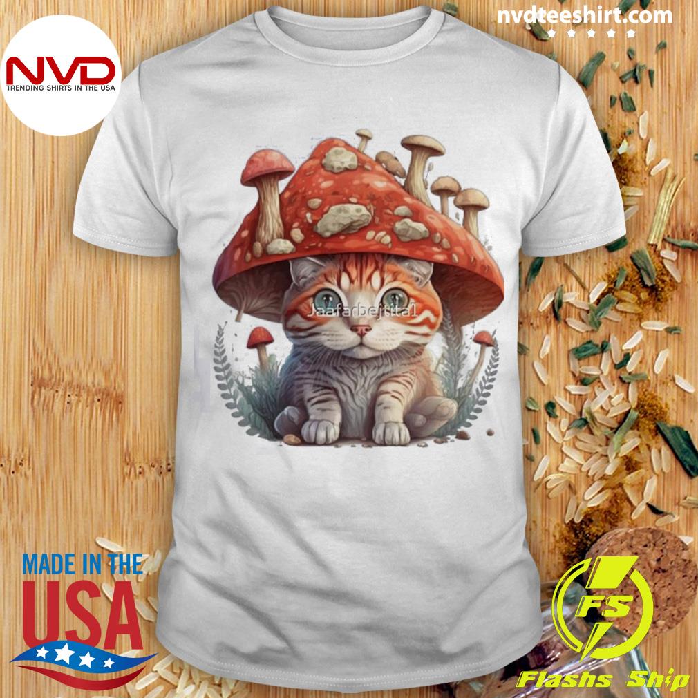 Cut Cat Wearing A Red Mushroom Hat Shirt