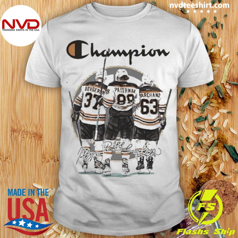 Original Champion Boston Bruins 37 Bergeron 88 Pastrnak And 63 Marchand Signatures Shirt