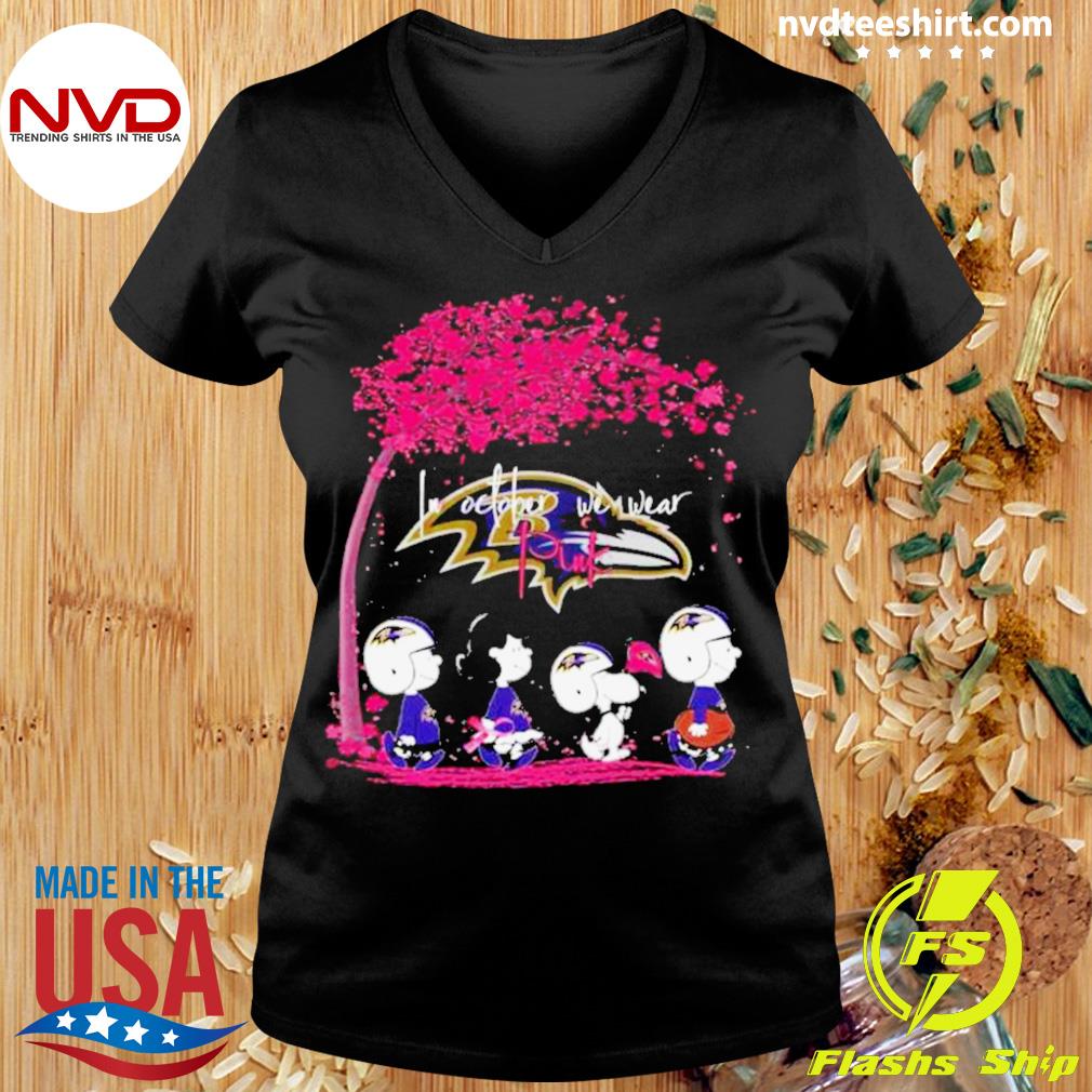 Peanuts Characters Baltimore Ravens In October We Wear Pink Fall Shirt