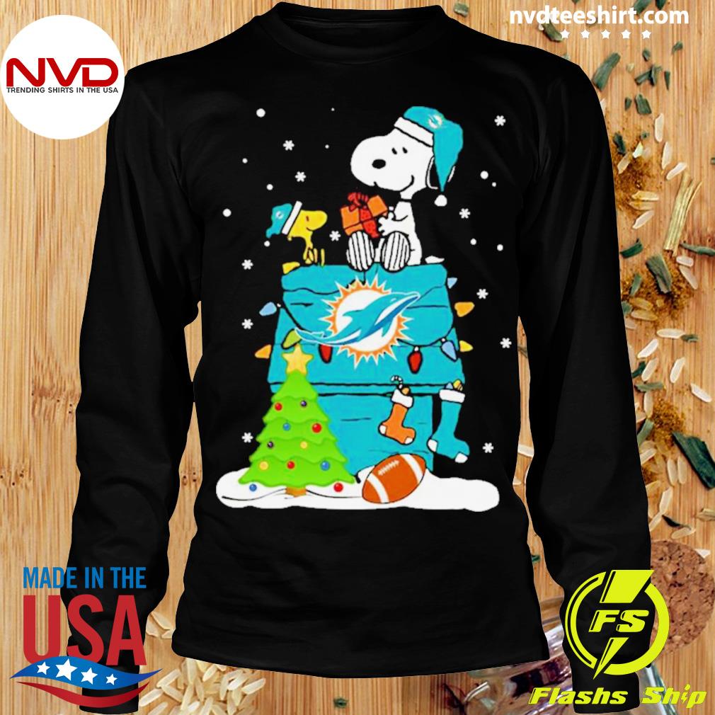 Snoopy and woodstock santa hat xmas miami dolphins logo shirt, hoodie,  sweater, long sleeve and tank top