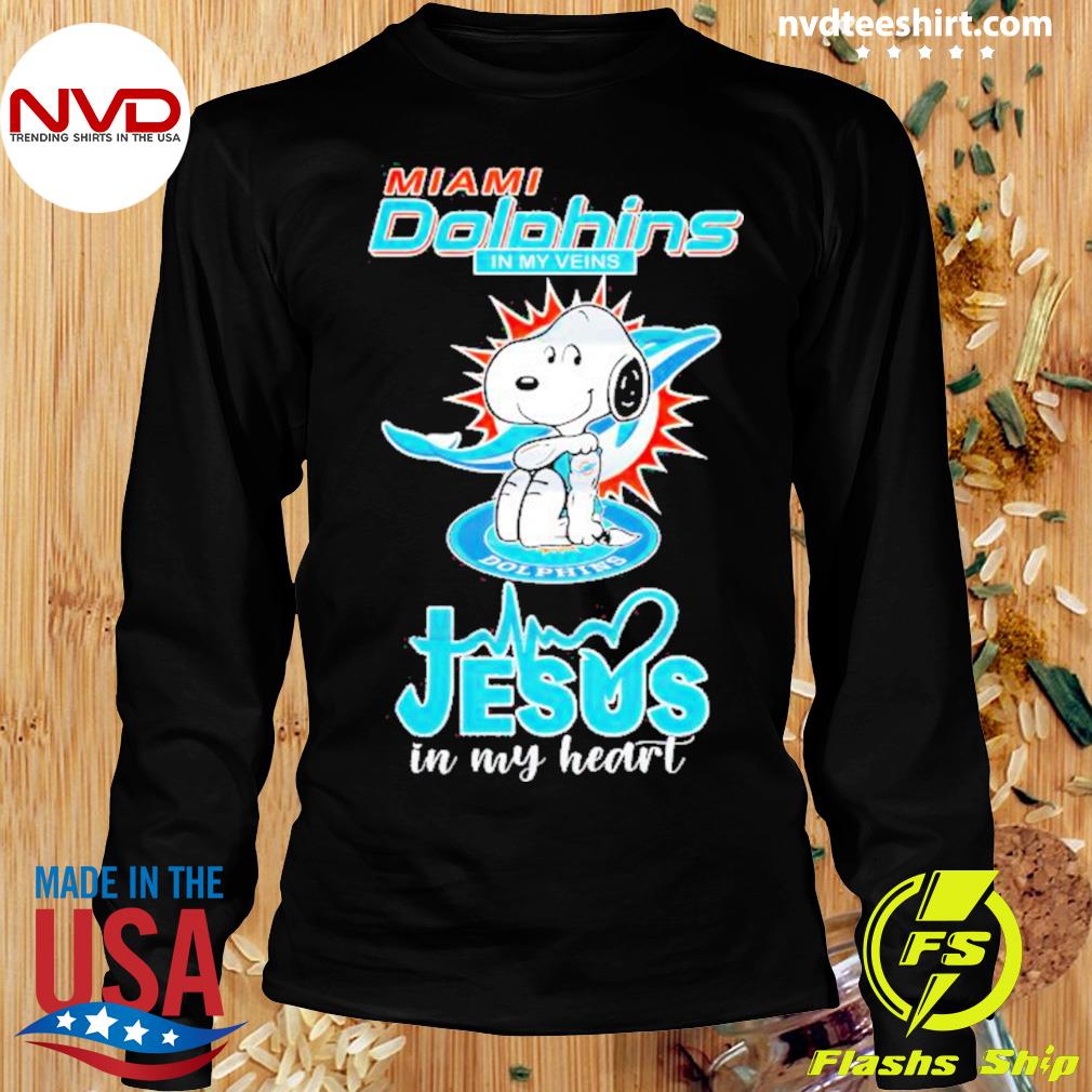 Original snoopy Miami Dolphins in my veins jesus in my heart shirt, hoodie,  sweater, long sleeve and tank top