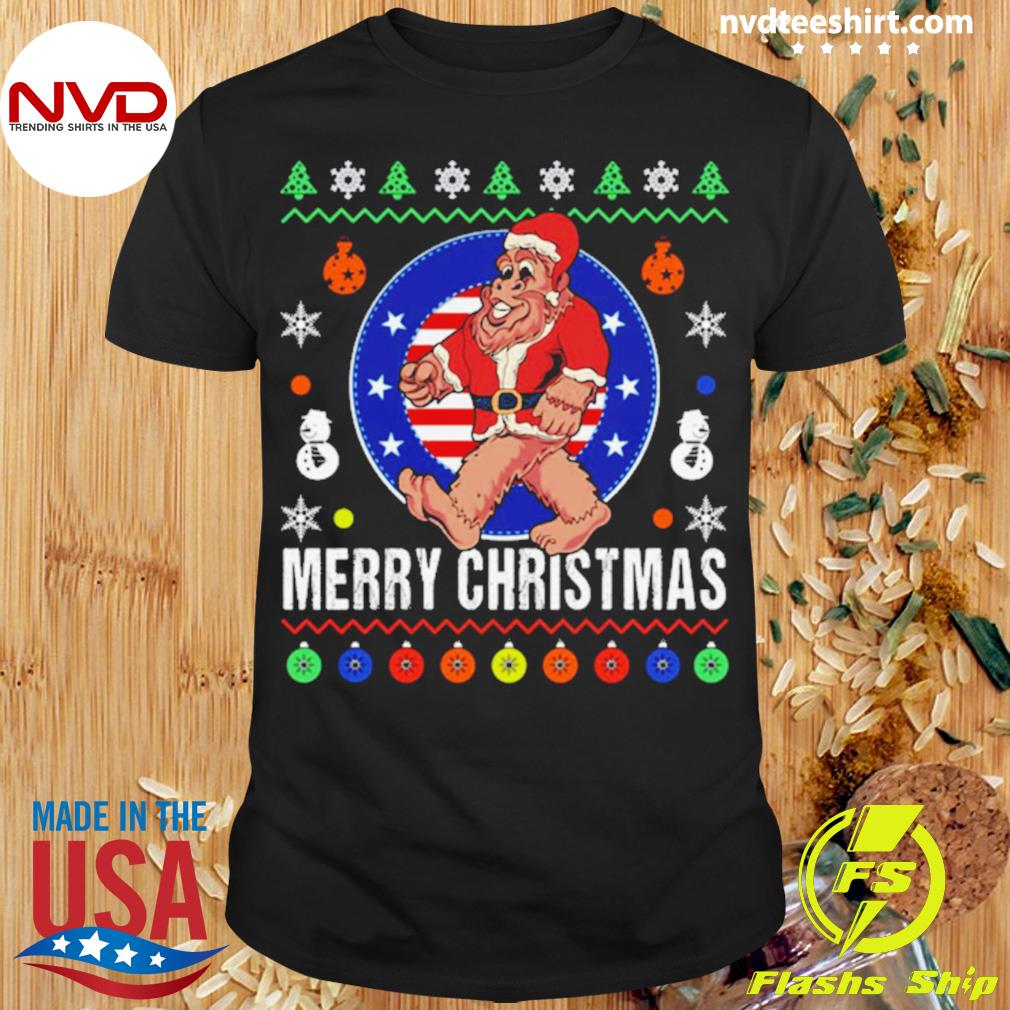 Bigfoot Santa Claus Patriotic Us Flag Christmas Shirt