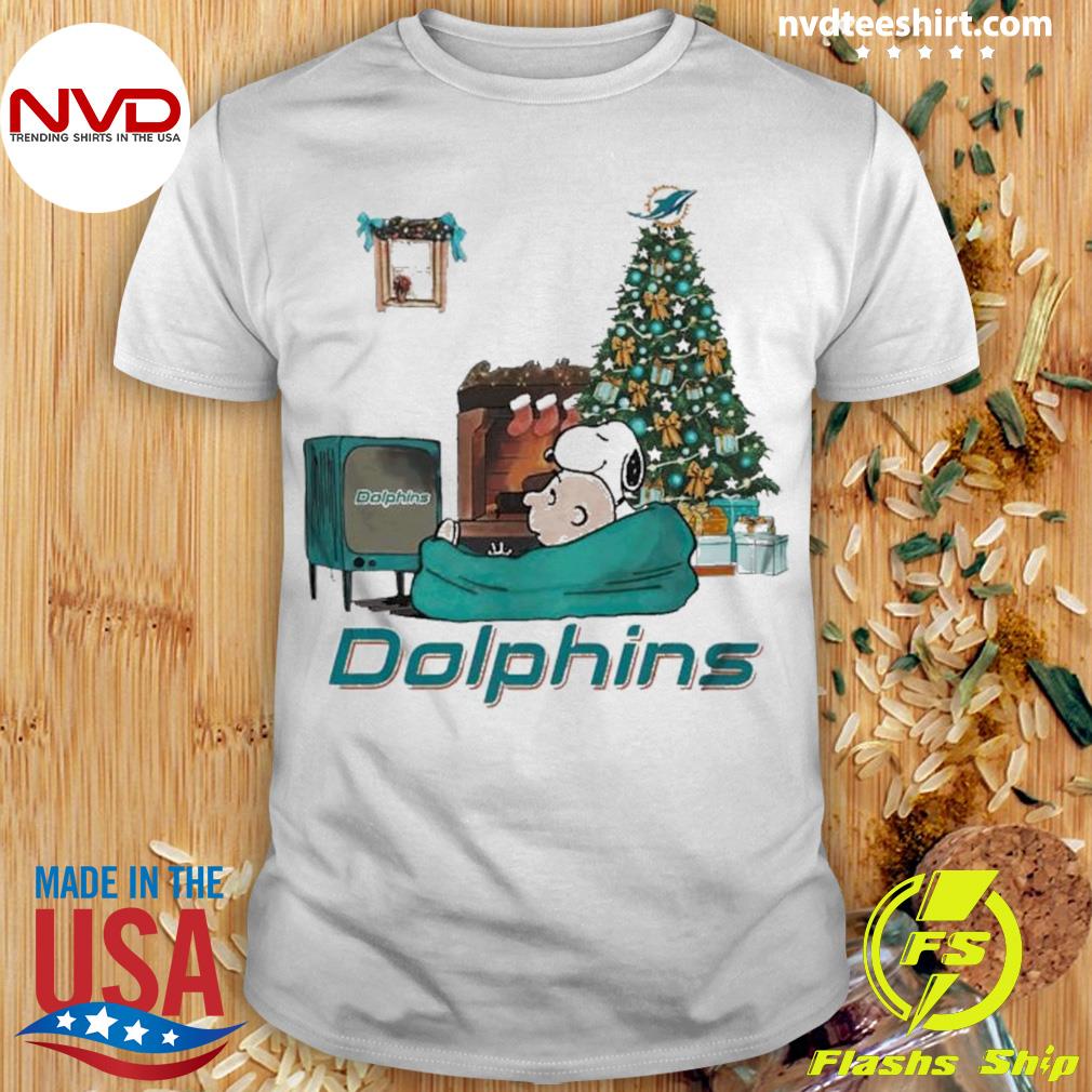 Charlie Brown And Snoopy Watching Miami Dolphins On Tv Christmas Shirt