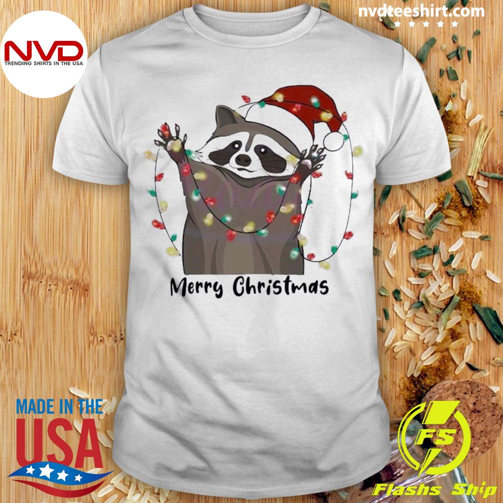 Christmas Raccoon Funny Animal Light Santa Hat Shirt