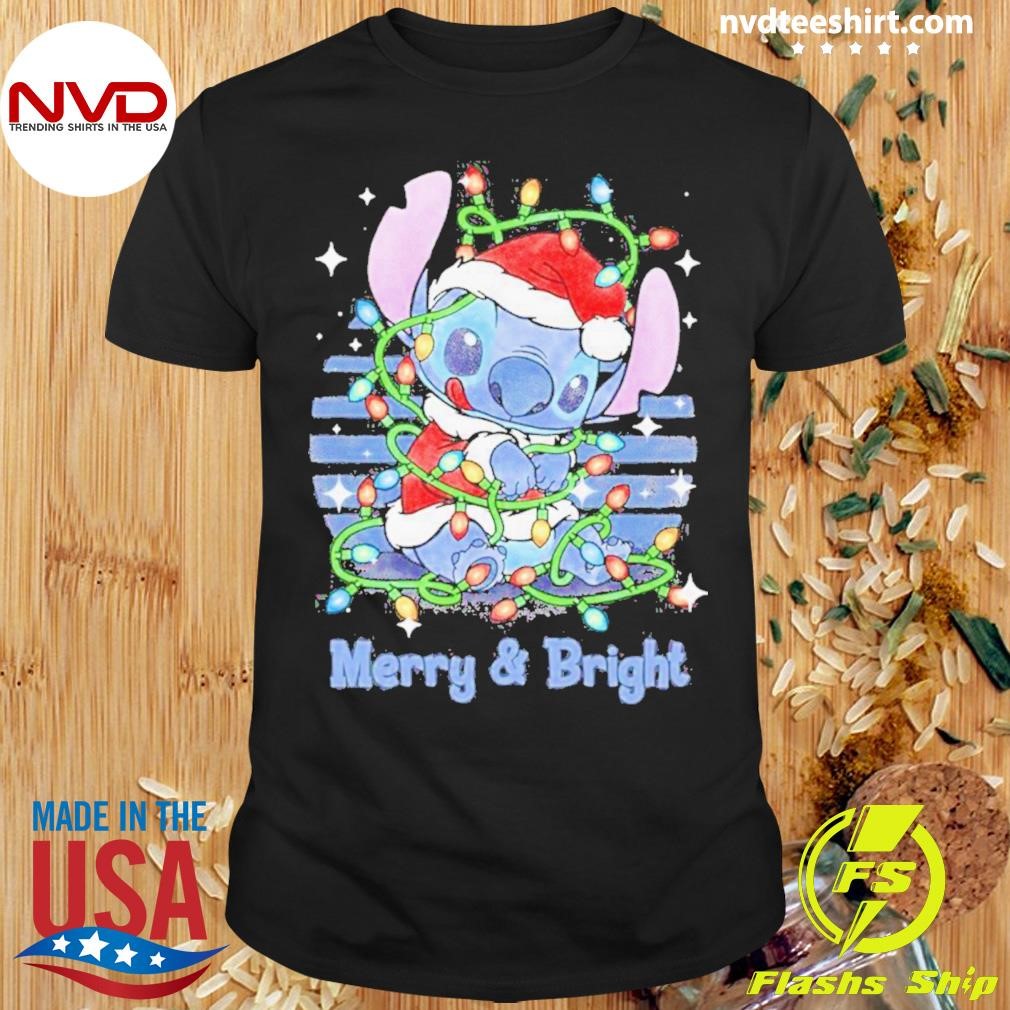 Baby Stitch Hat Santa Light Merry And Bright Christmas Shirt