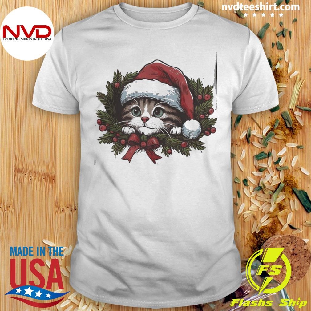 Cat Hat Santa Flowers Merry Christmas Shirt