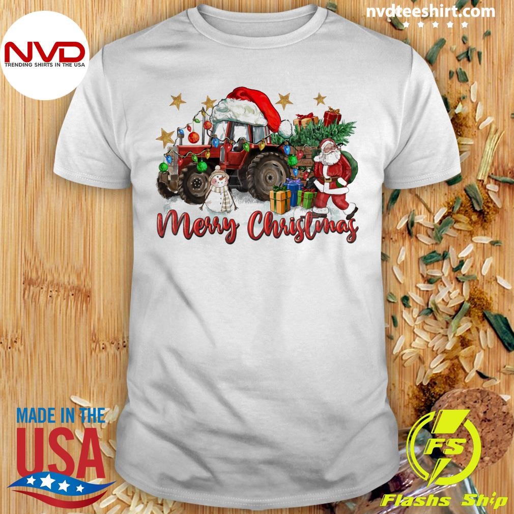 Christmas Tractor With Santa And Snowman Christmas Shirt