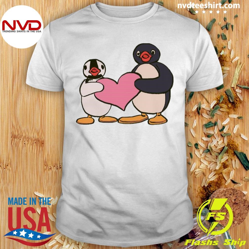 Cute Pingu And Pinga Penguin Holding Heart Shirt