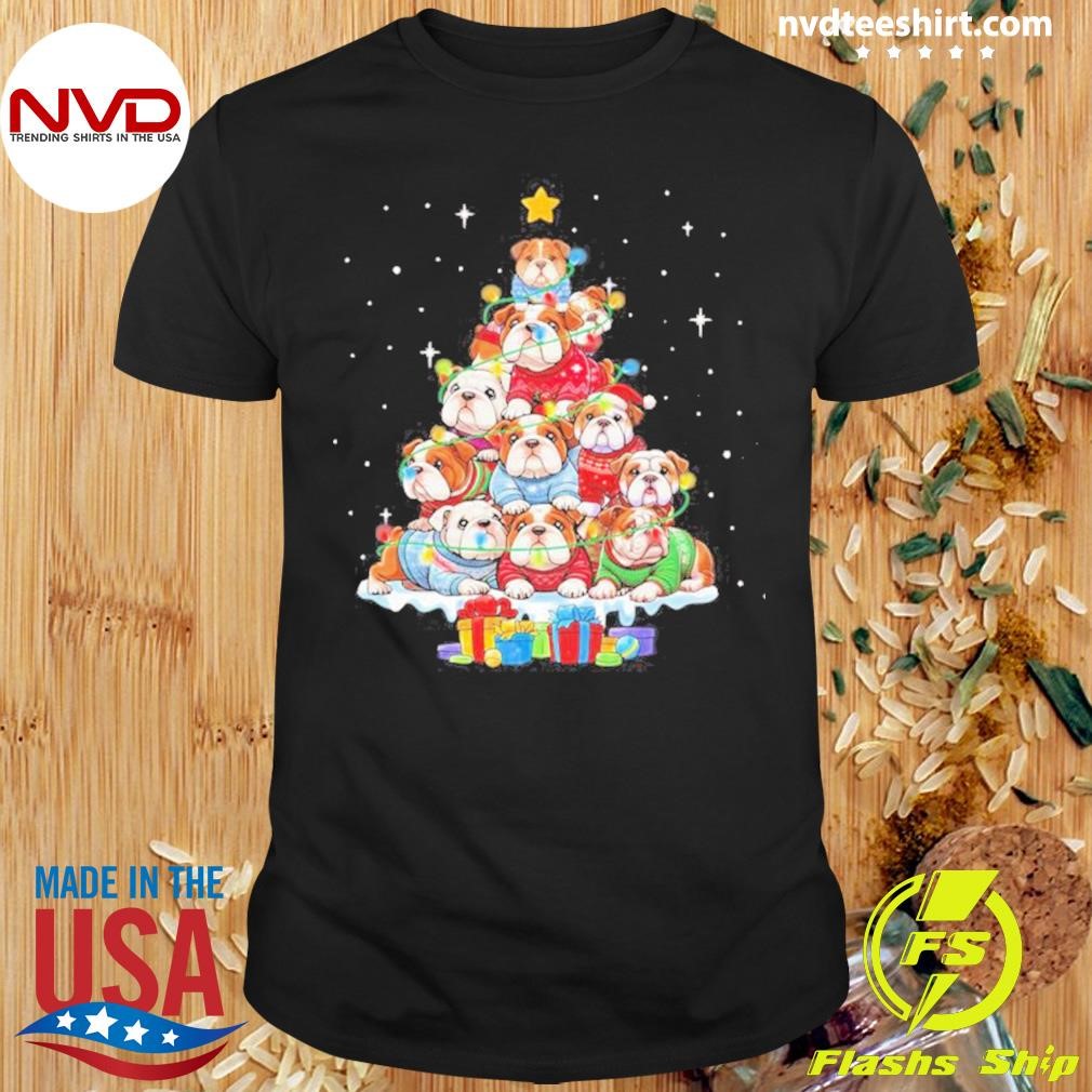 Dogs Bulldog Collie Pine Tree Merry Christmas Shirt