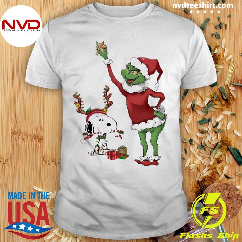 Grinch Hat Santa And Snoopy Reindeer Merry Christmas Shirt