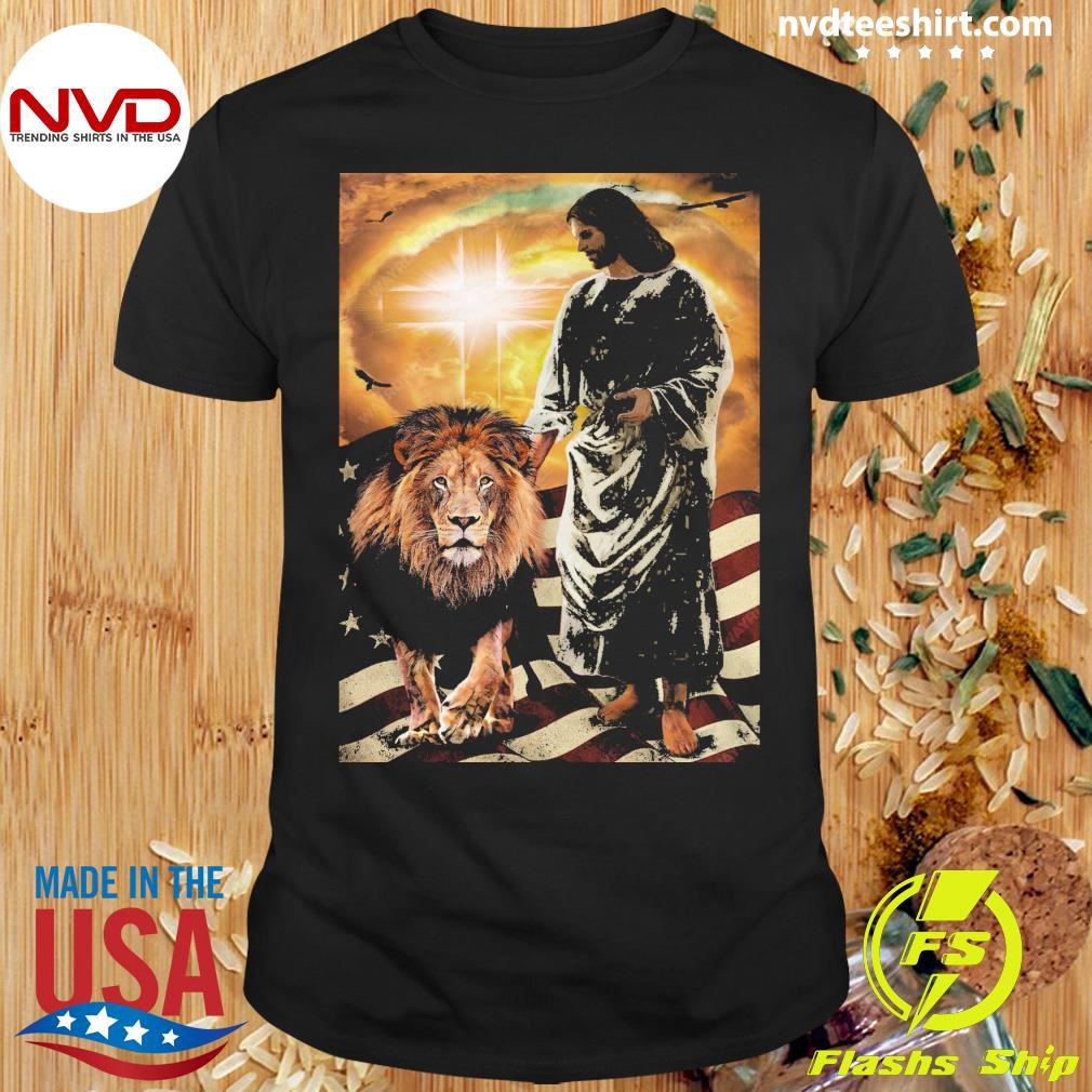 Jesus Painting Lion Of Judah American Flag Shirt