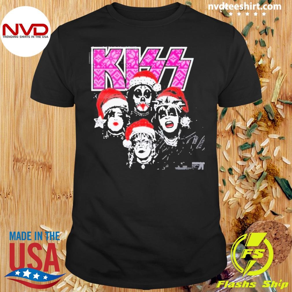 Kiss Debut Album Cover With Santa Hats Kissmas Pink Shirt