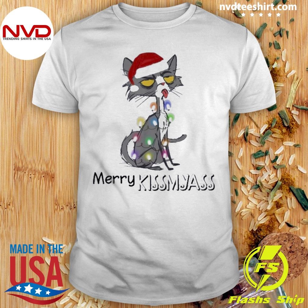 Merry Kissmyass Funny Black Cat Christmas Shirt