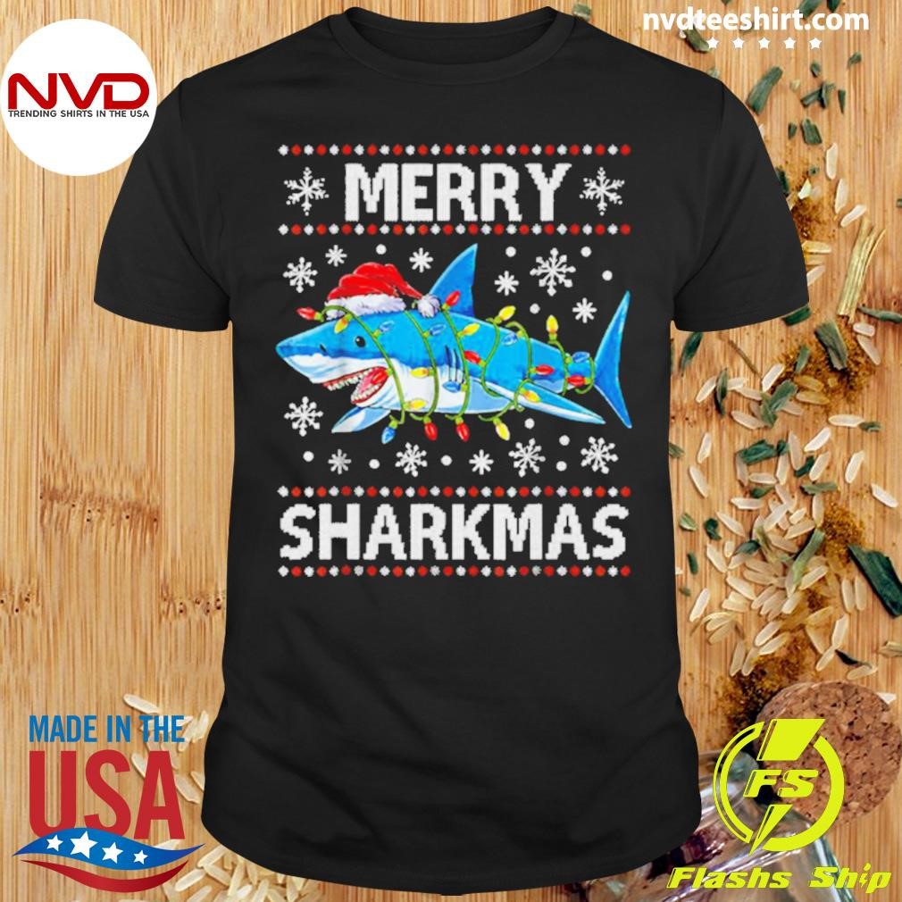 Merry Sharkmas Ugly Christmas Shark Lights Shirt