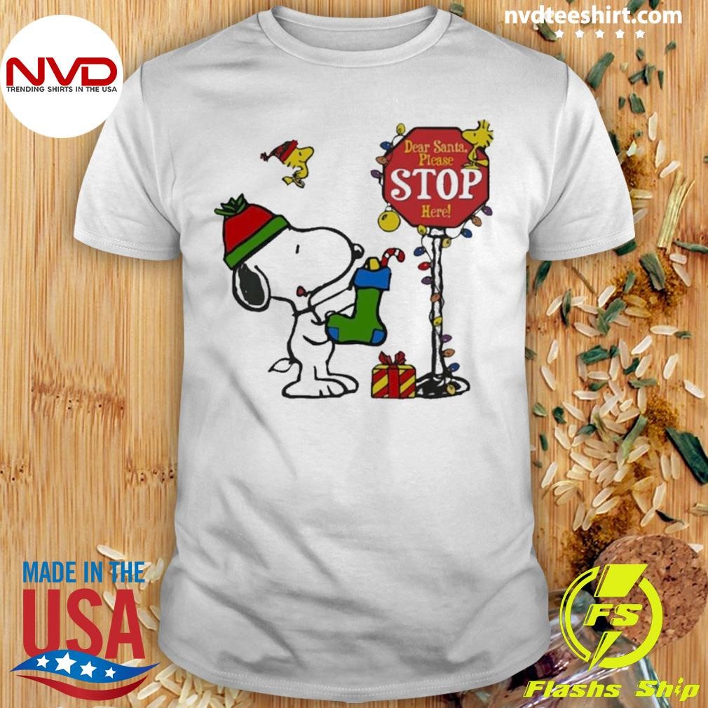 Snoopy And Woodstock Hat Santa Dear Santa Please Stop Here Christmas Shirt