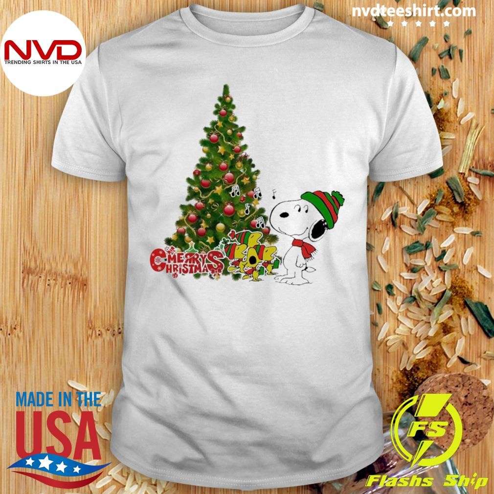 Snoopy And Woodstock Singing Pine Tree Merry Chritstmas Shirt