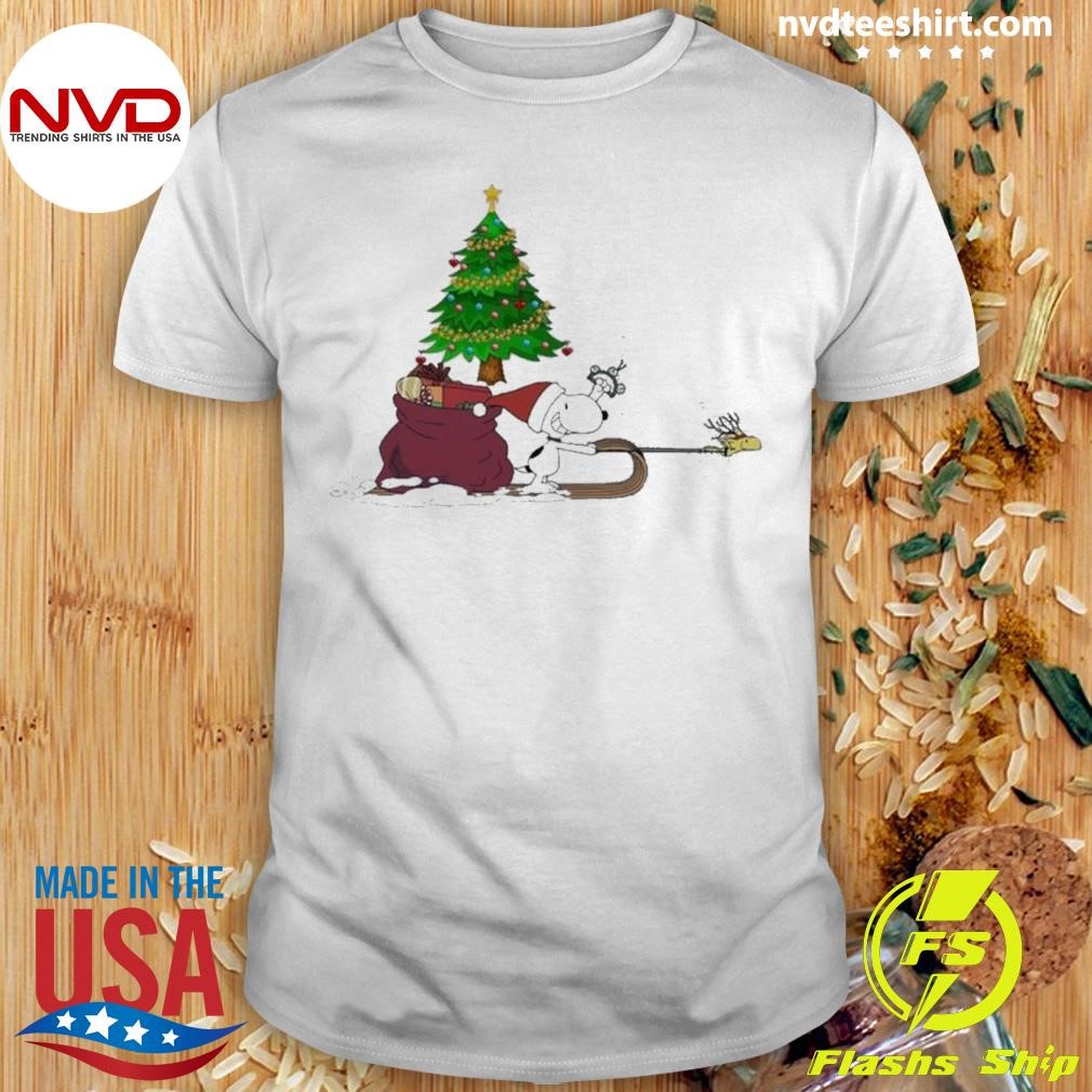Snoopy Hat Santa And Woodstock Pulls The Sled Christmas Shirt