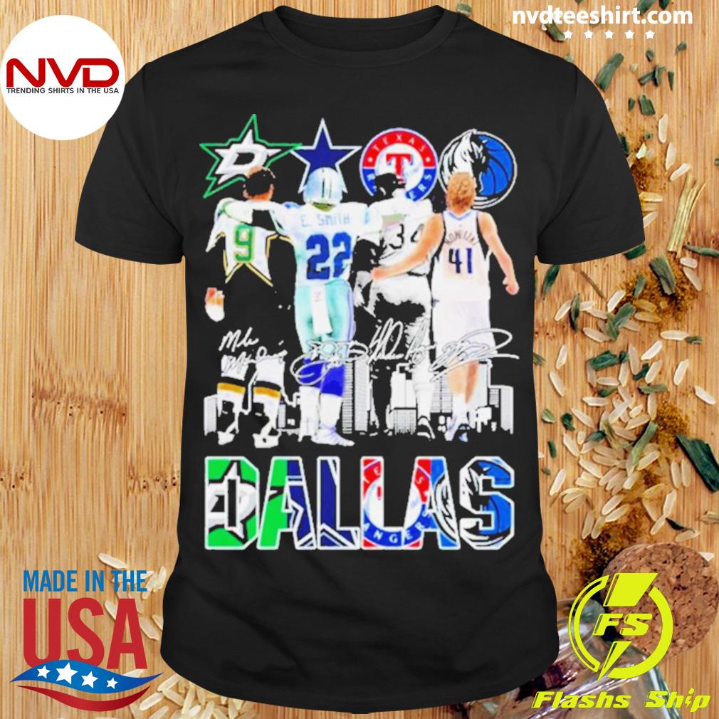 Sports In Dallas Mike Modano Emmitt Smith Nolan Ryan And Dirk Nowitzki Signatures Shirt