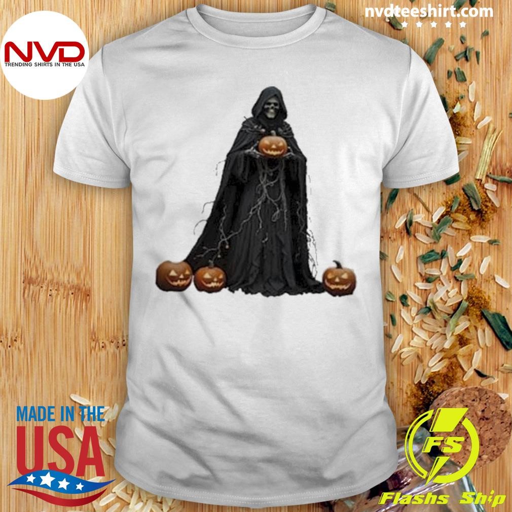 Skeleton Wearing Black Hooded Cloak Cut Out Halloween 2024 Shirt