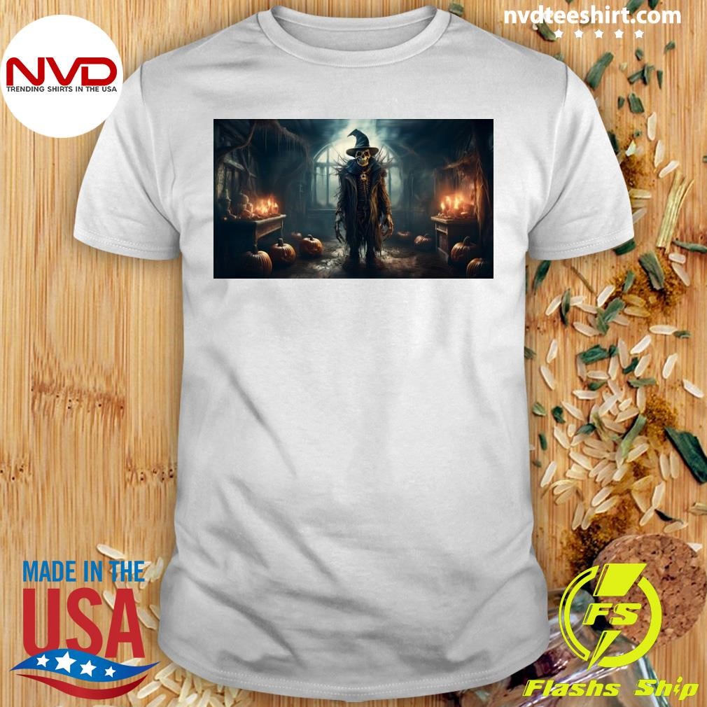 A Goblin-Shaped Scarecrow Standing Inside A Haunted House On Scarecrow Halloween Shirt