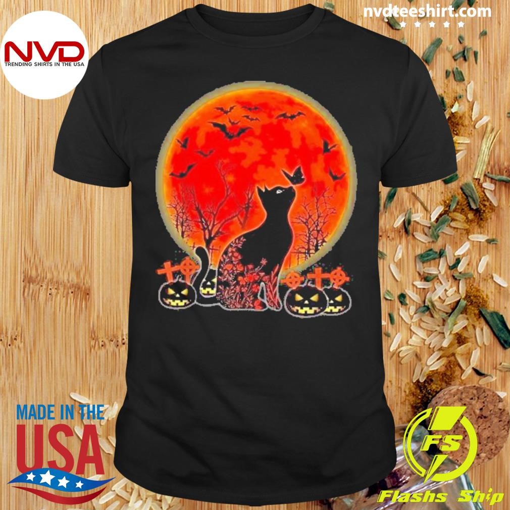 Black Cat Halloween Pumpkin Moon Spooy 2024 Shirt