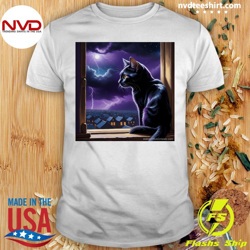 Black Cat's Cosmic Vigil A Thunderstorm Night Shirt