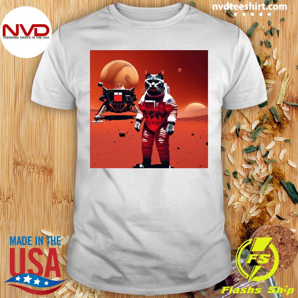 Cat in Business Suit on Mars with Lunar Lander, Red Dust Storm Shirt