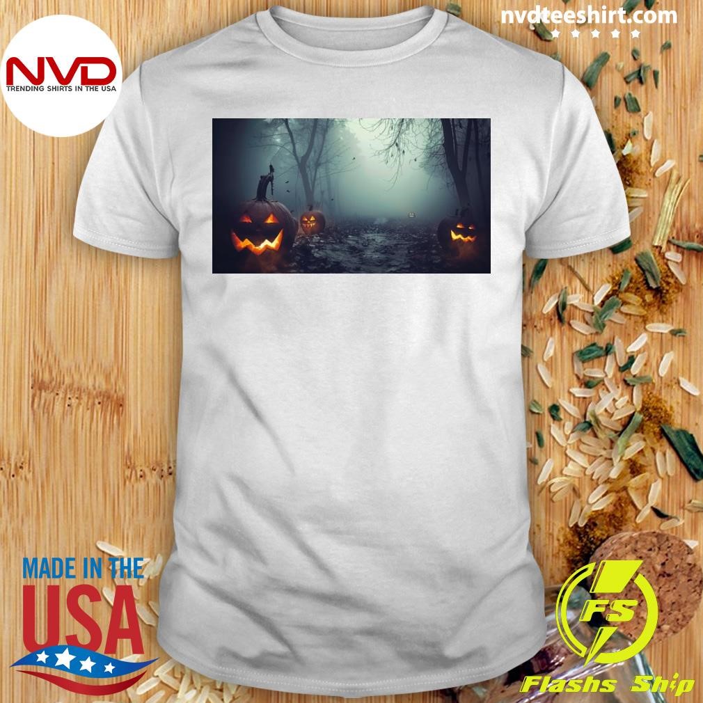 Dark, Foggy Forest On Halloween Night With Silhouettes Of Bare Trees Shirt