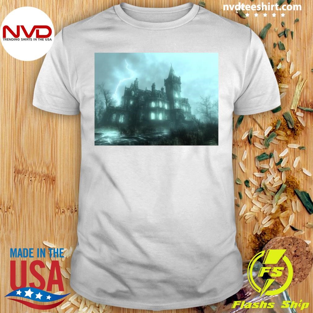 Eerie Haunted Mansion with Illuminated Windows and Stormy Sky - Perfect for Halloween and Horror-Themed Backgrounds Shirt