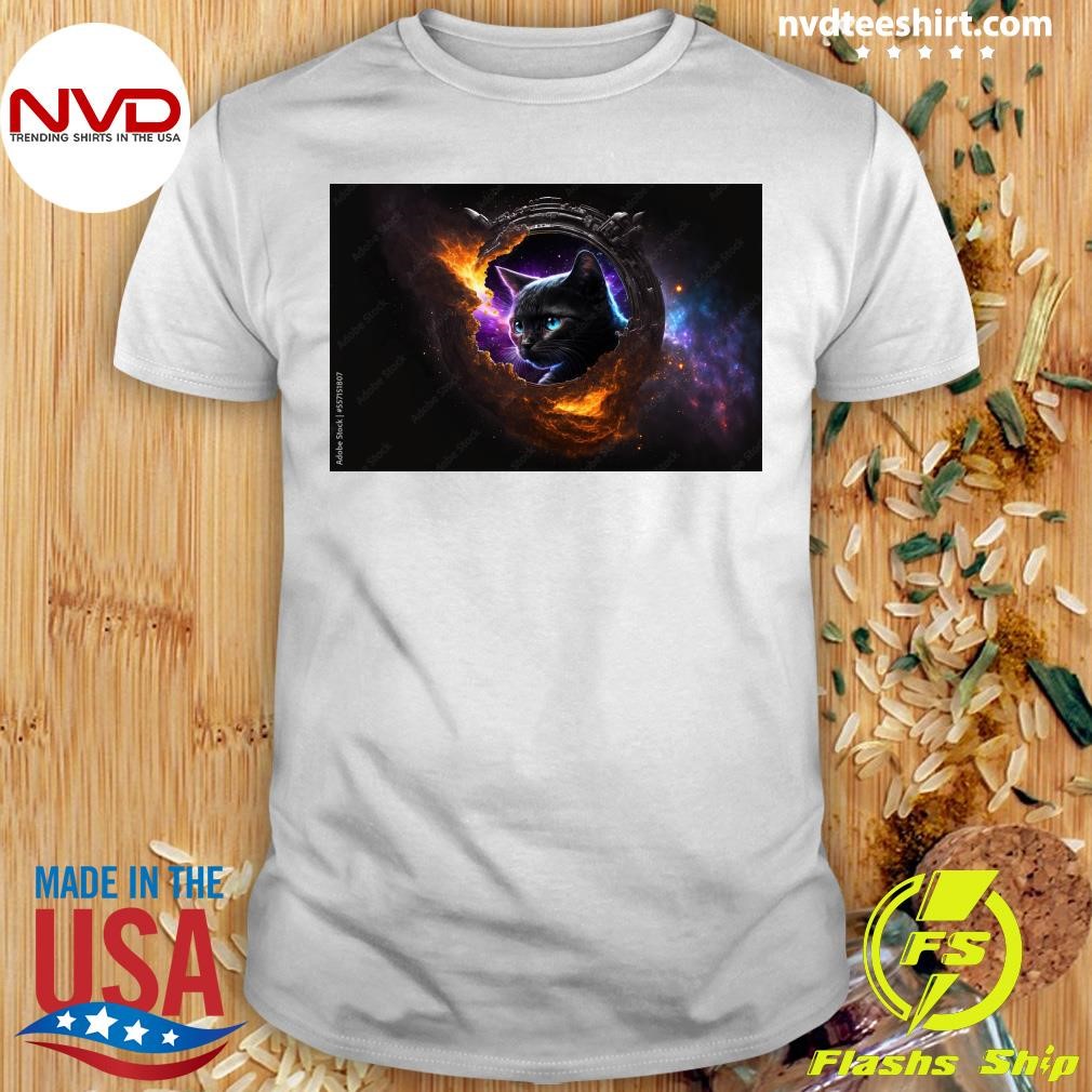 Space Cat Is Watching Into A Luminous Black Hole With Planets And Star In Background Llustration Pro Shirt