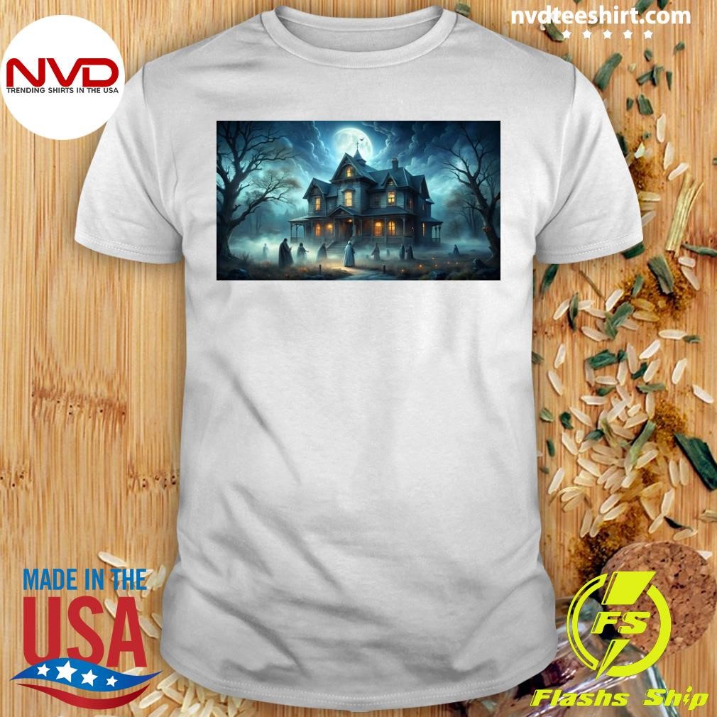 Spooky Haunted House With Eerie Atmosphere And Ghostly Figures Inside Shirt