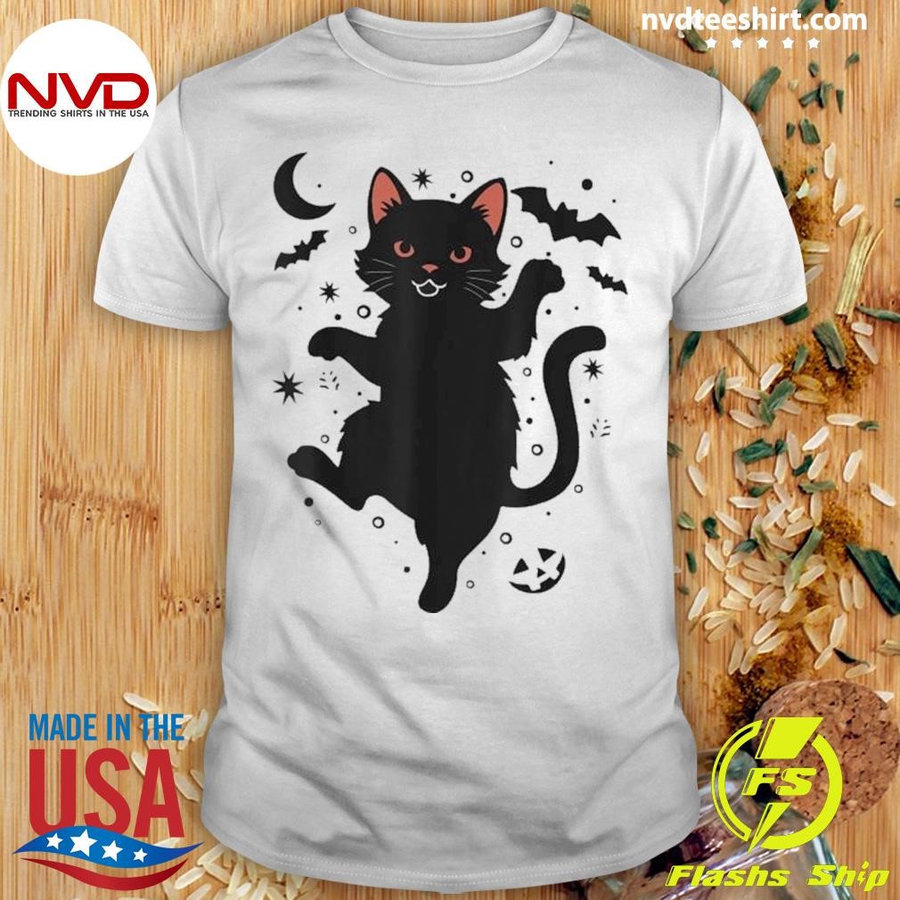 Starry Retro Halloween Night Black Cat Pumpkin And Bats Shirt