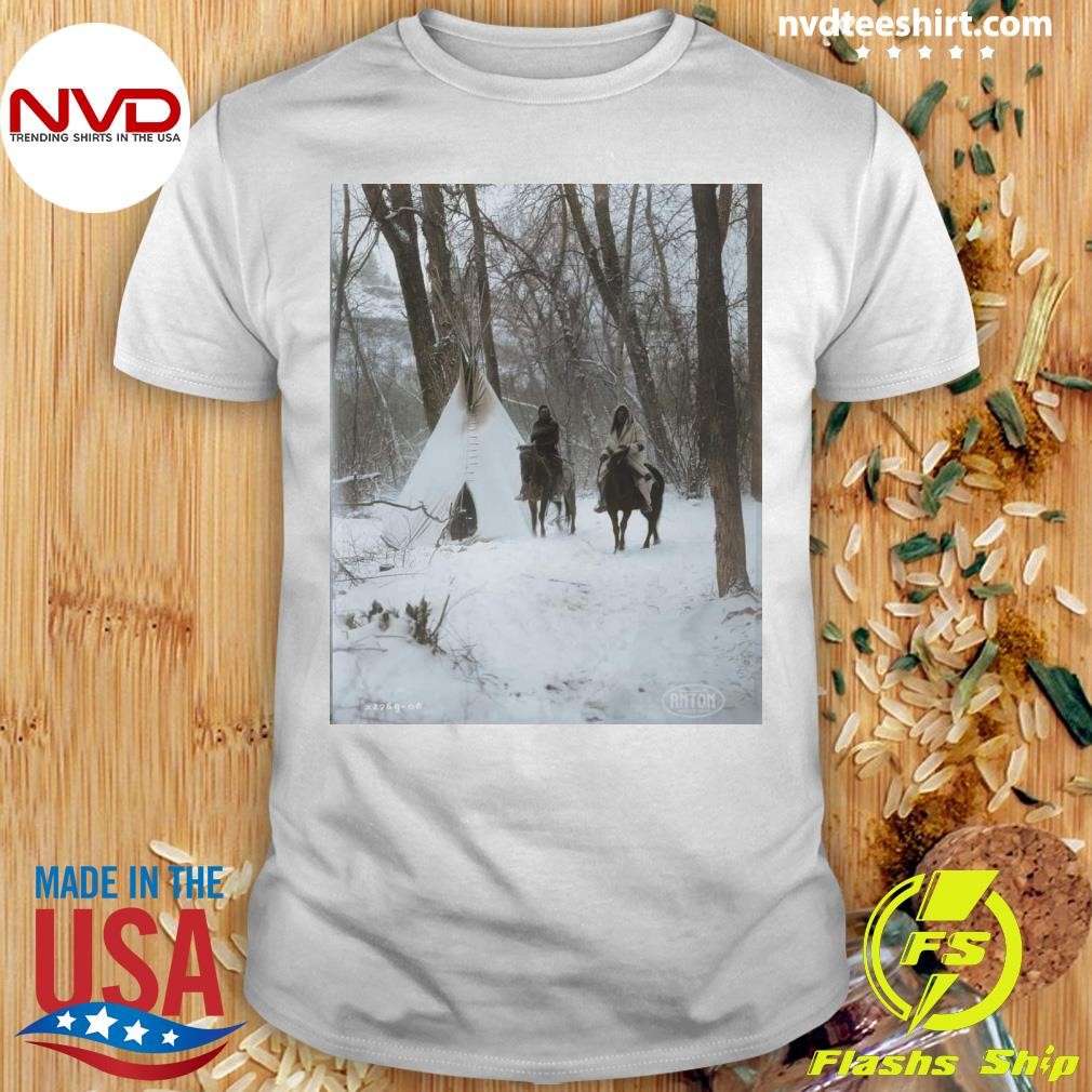 Two Apsaroke Native Americans on horseback outside of a tipi in a snow-covered forest in Montana in 1908 Shirt