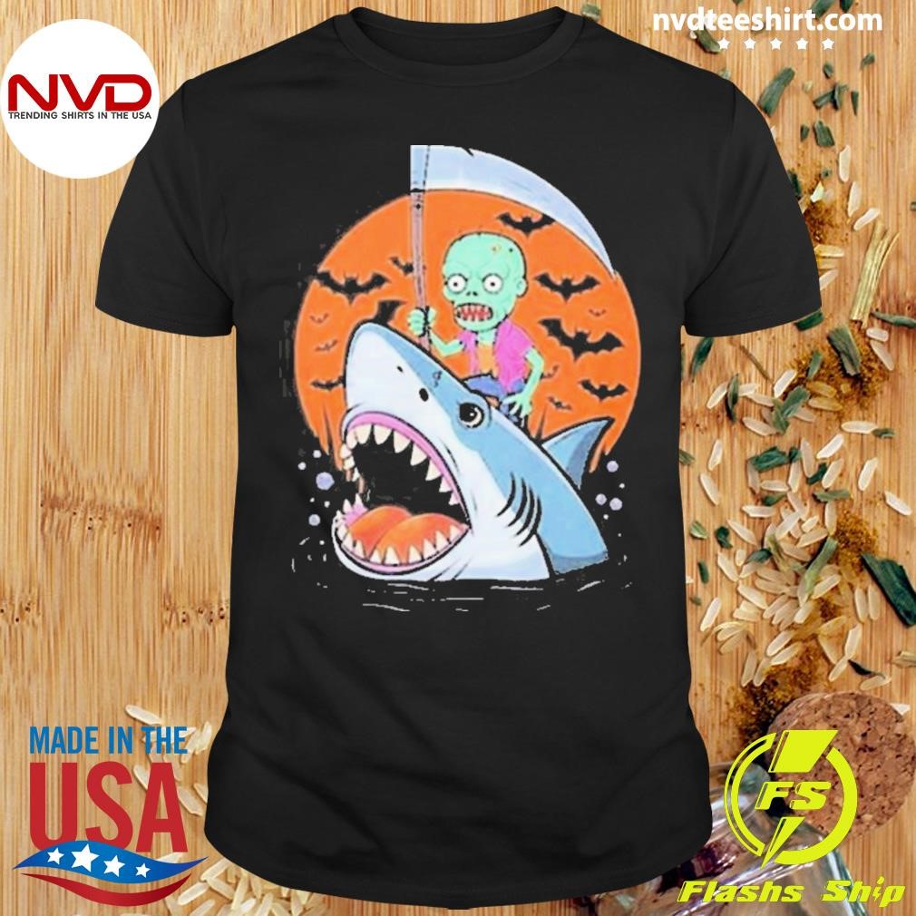 Zombie Riding A Shark Funny Halloween Undead 2024 Shirt