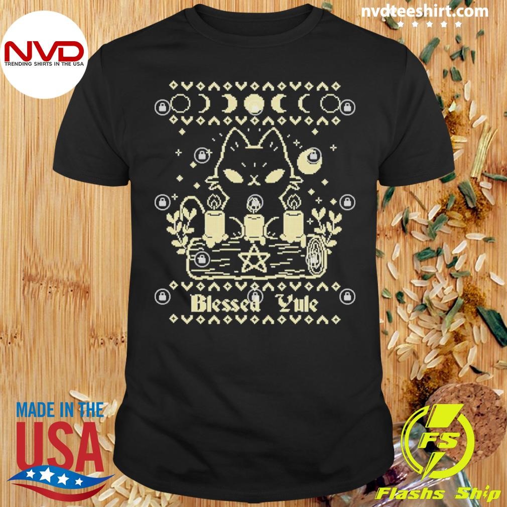 Blessed Yule Black Cat Ugly Christmas Shirt