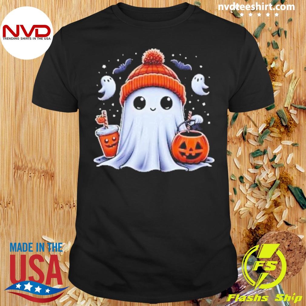 Cute Ghost Drinking Coffee Halloween Ghost Ice Coffee Womens Shirt