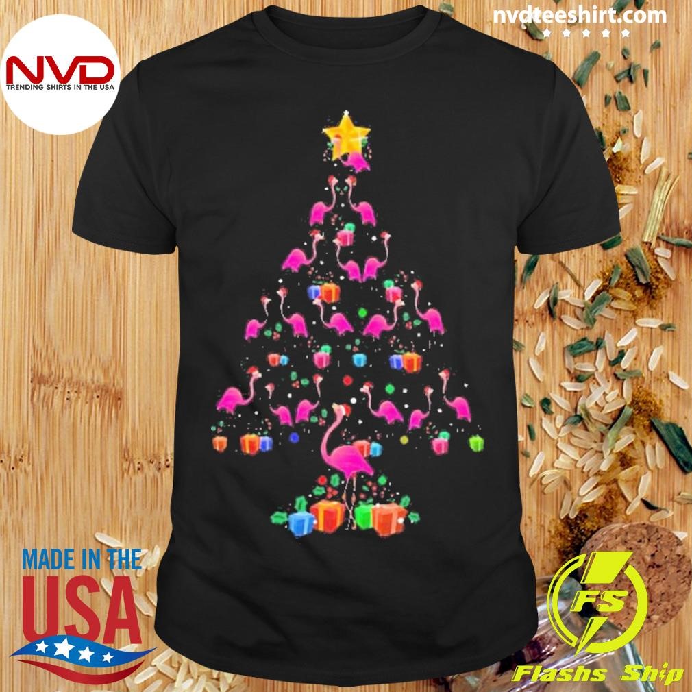 Flamingo Christmas Tree Cute Flamingos Holiday Decor 2024 Shirt