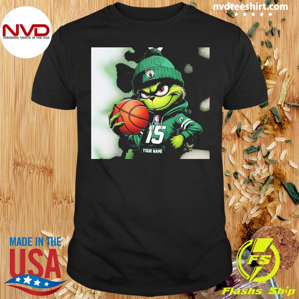 Grinch Boston Celtics Nba Custom Name Christmas 2024 Shirt