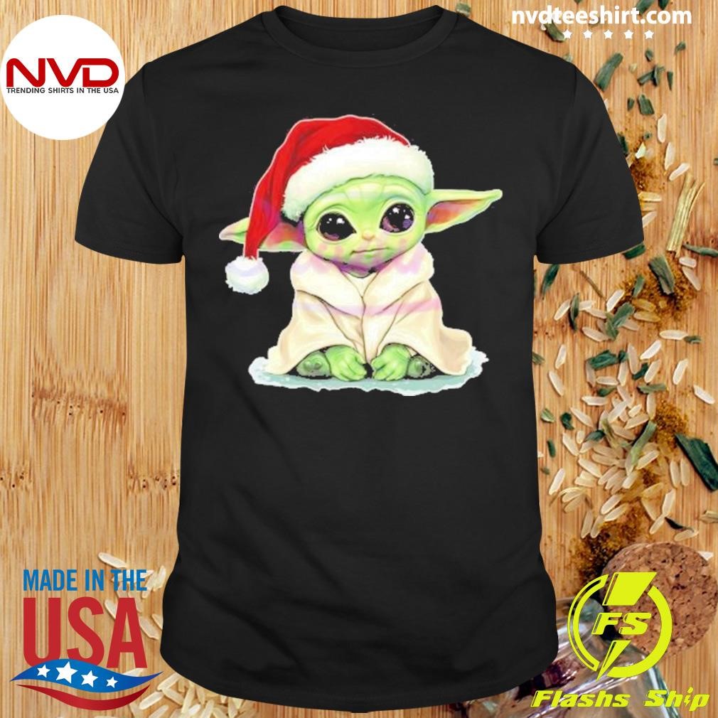 Retro Watercolor Star Wars Baby Yoda Christmas Santa Hat 2024 Shirt