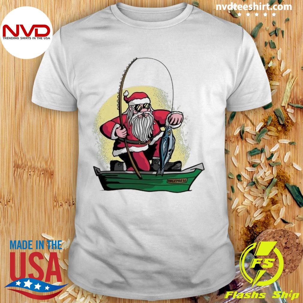 Santa Claus Fishing On A Boat Merry Fishmas Christmas 2024 Shirt